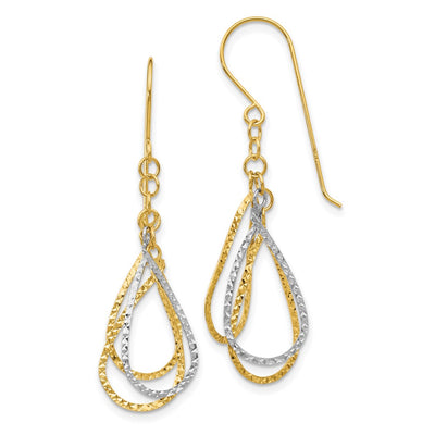 14K Two-tone Diamond Cut Tear Drop Shepherd Hook Earrings