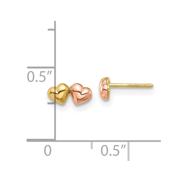 14K Two-tone Double Hearts Screwback Post Earrings